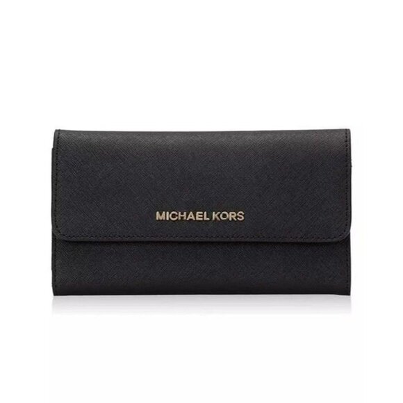 Michael Kors wallet trifold large card case wallet black with gold hardware - Picture 1 of 5